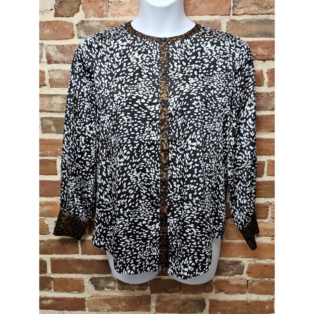 Chico's Blouse All‎ Over Dot Print Long Sleeve Size 1 (8/10) Black White Brown